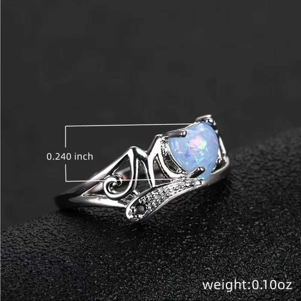 New 925 Silver MOM Delicate Opal Heart With MOM Letter Sweet Finger Ring - Picture 7 of 7